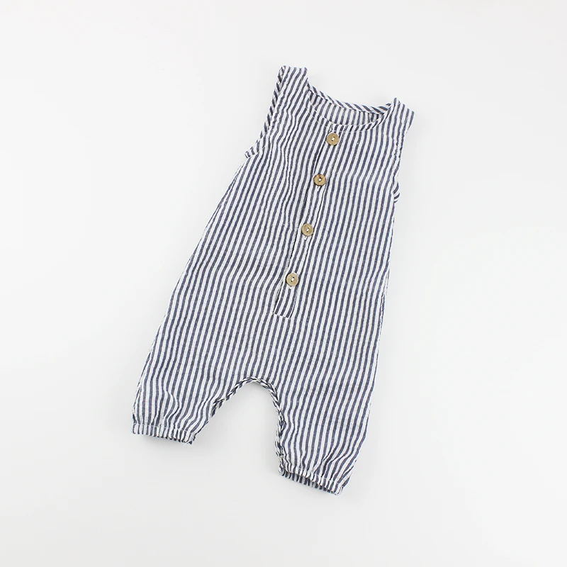 
baby jumpsuit seersucker cotton sleeveless striped toddler boys overalls summer rompers 