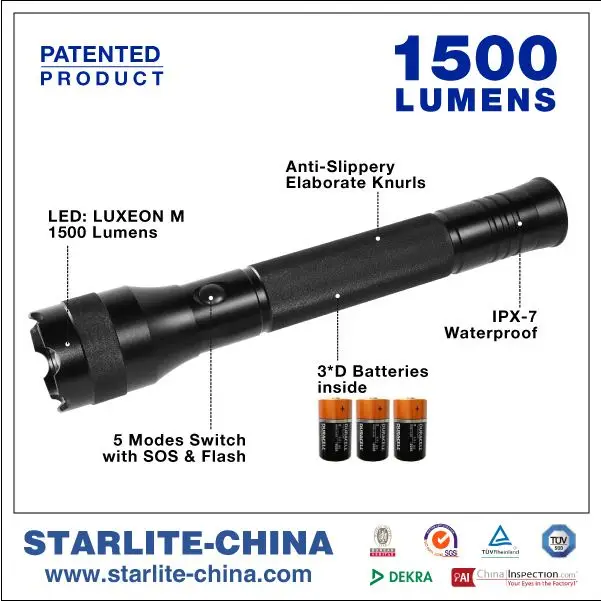 STARLITE 1500 lumens IPX7 best quality tactical laser police flashlight