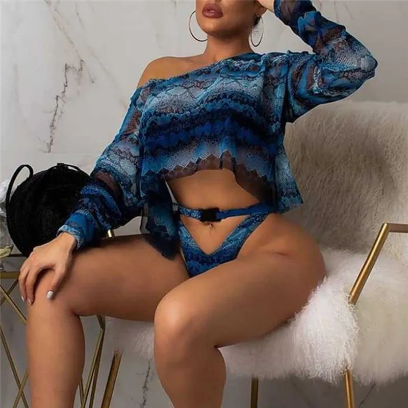 Trending Products 2022 New Arrivals Snake Transparent Bikini 3 Piece Swimwear With  Cover Ups