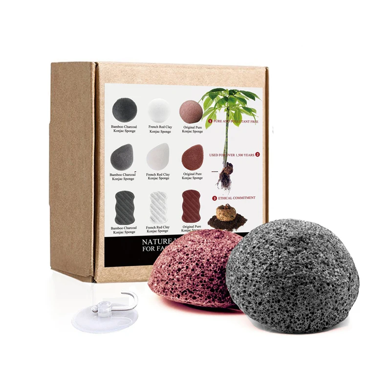 Натуральная бамбуковая Коньячная губка с древесным углем для чувствительной, жирной и подверженной акне кожи для мягкой и глубокой очистки и отшелушивания