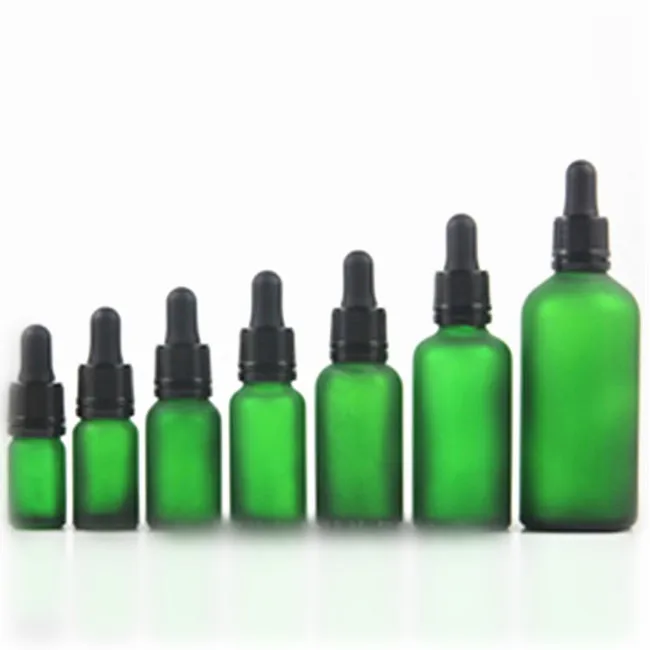 DIN18 Neck 5ml 10ml15ml 20ml 30ml 50ml100ml Frosted Green Glass Pipettes bottles W/  Black TE Glass Droppers