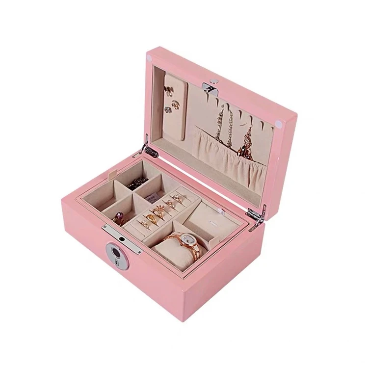 Custom Fingerprint Lock Wooden Jewelry Box Luxury Treasure Ornaments PU Leather Box