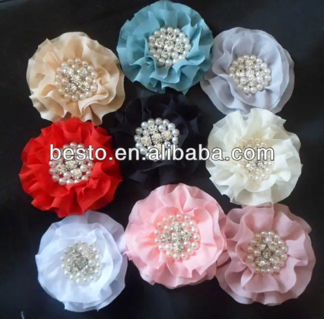 Free shipping small order vintage circle pearl rhinestone chiffon flower for hair