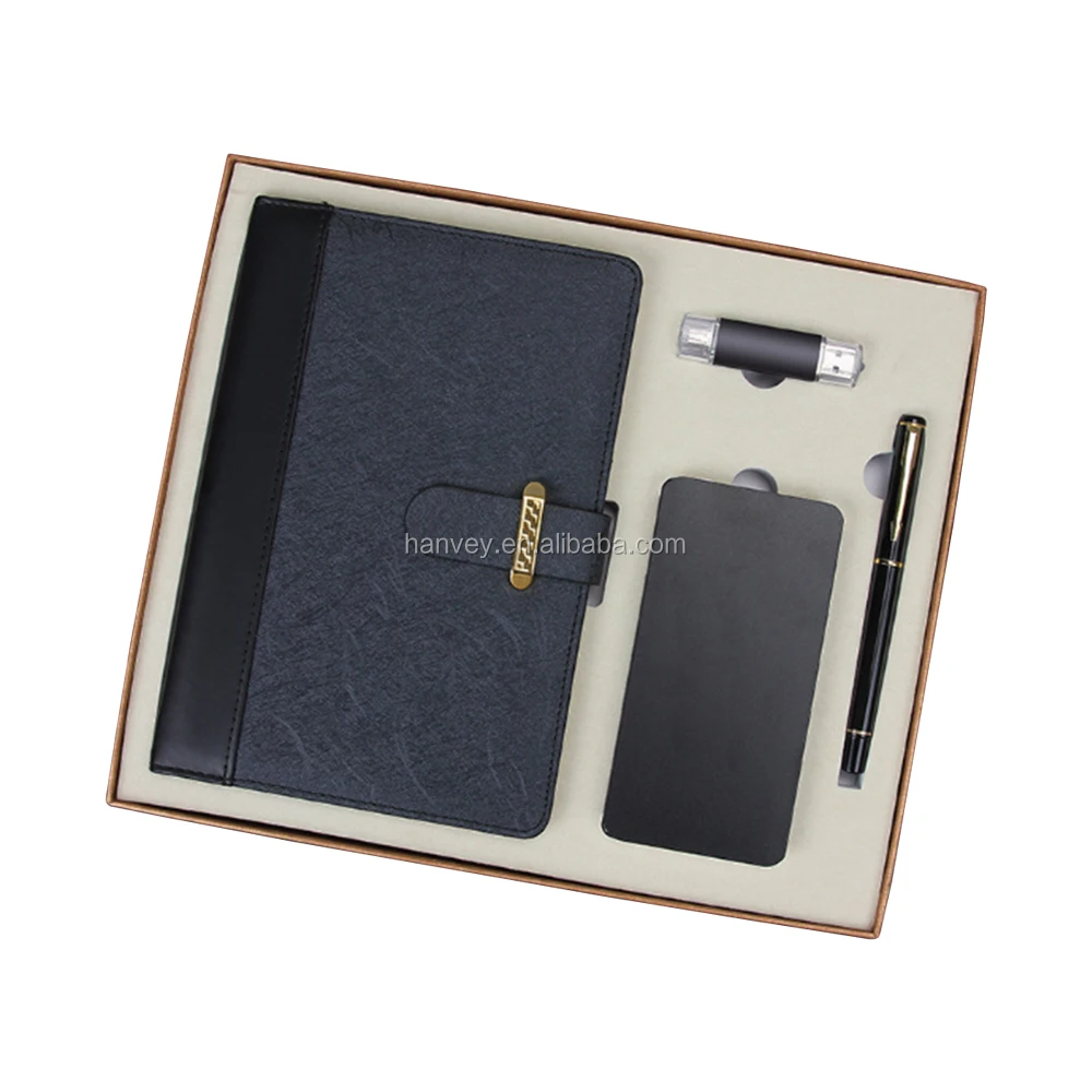 Factory price wholesale promotion luxury custom A5 notebook, pen, power bank and usb flash drive business corporate gift set