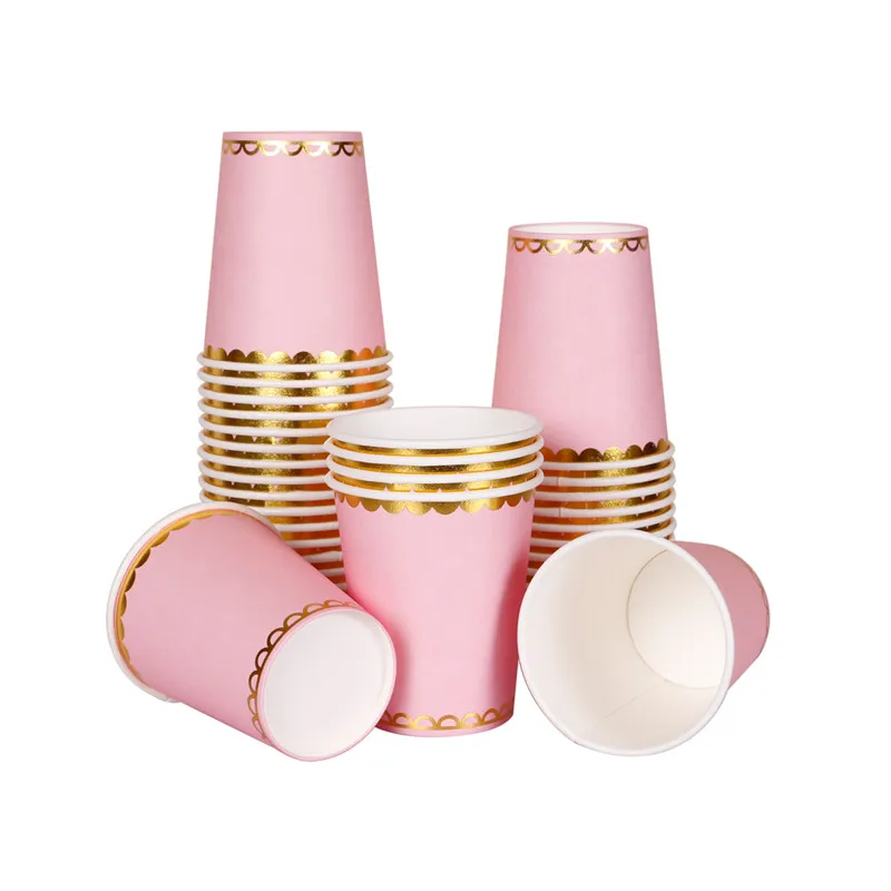 Wholesale New Hot Sell Disposable 250gsm  9 oz Pink Gold Border Paper Cups