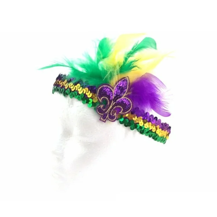 Mardi Gras Throws Feather Sequin Headband Fleur De Lis