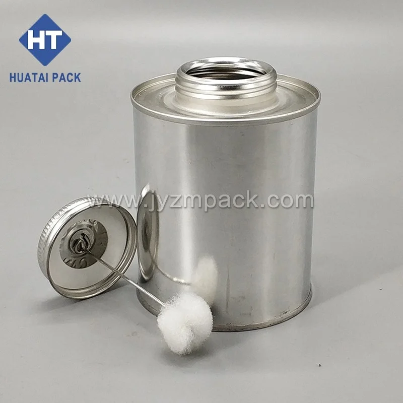 screw top empty metal tin cans with bristle brush for pvc adhesive glue packaging, monotop can with applicator