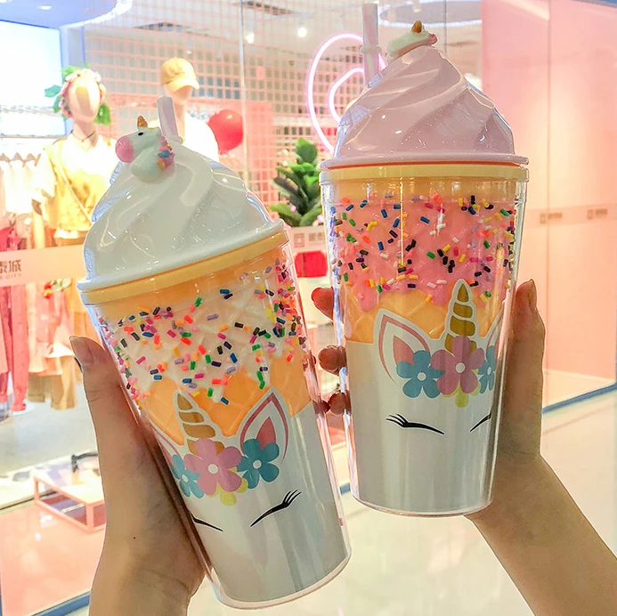 Новый дизайн, крышка для мороженого, пластиковый стакан с соломинкой в виде единорога