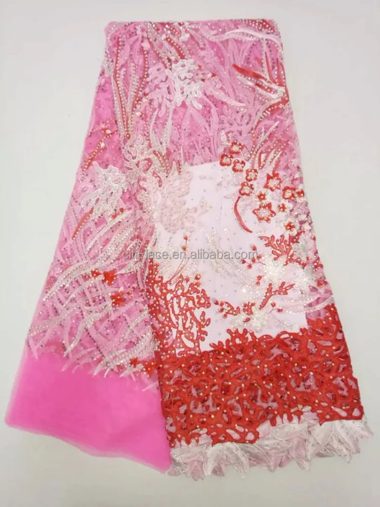 Guangzhou african wedding embroidery tulle lace fabric material French 3d lace fabric with stones TS004