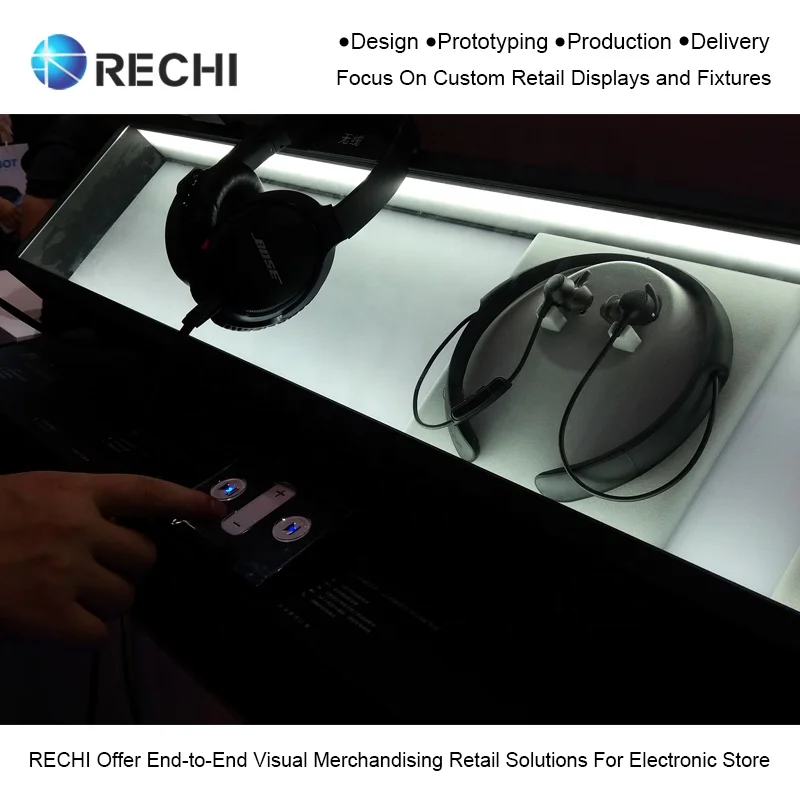RECHI Custom Illuminated Acrylic Audio Product TWS Earphone Retail POS Display Stand With Led Light for Headphone Experience