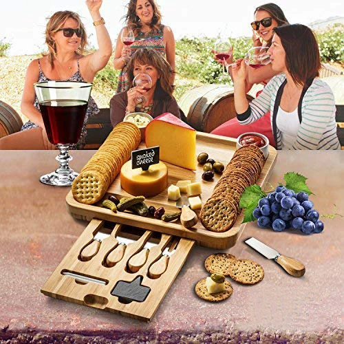 Bamboo Cheese Board Wooden Two Ceramic Bowls Two Magnet Drawers Serving Platter Cutlery Server Knife Set