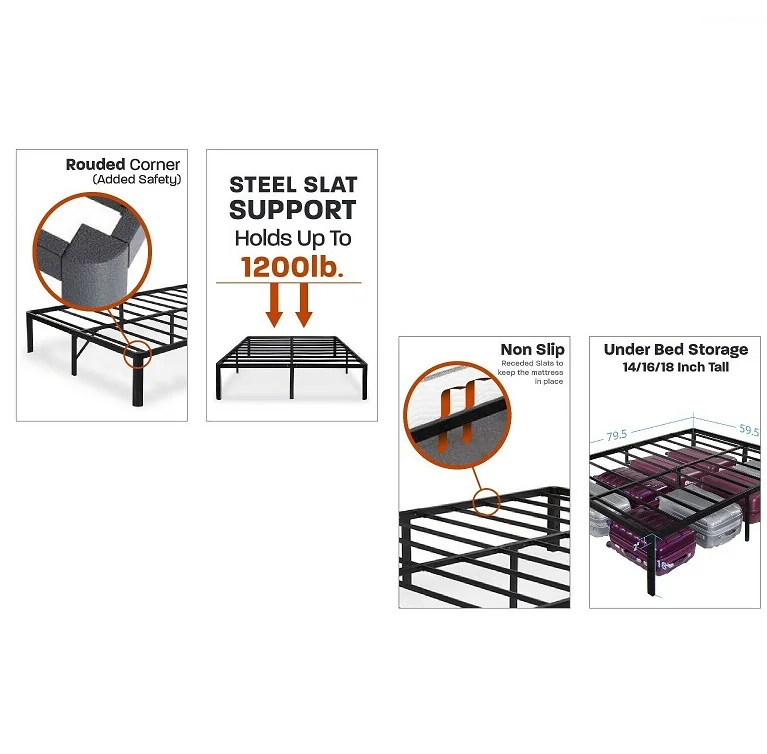 14 inch Tall Metal Platform Bed Frame Steel Slat Twin Full Queen King Size Bed