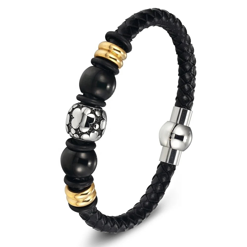 Браслет-цепочка из нержавеющей стали для мужчин и женщин браслеты натуральной кожи золотого черного цвета с кожаной пряжкой