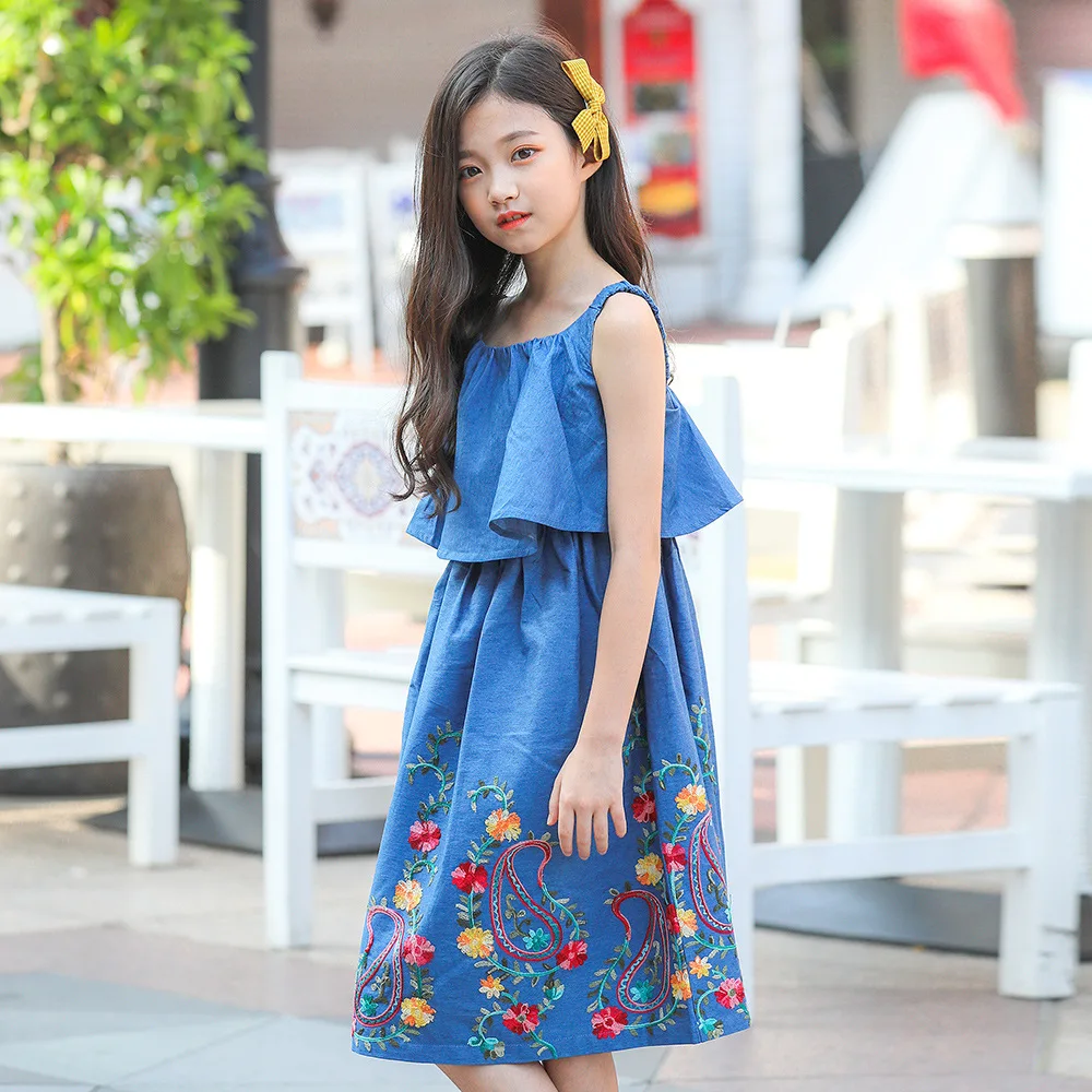 Vintage Teen Girls Summer Casual Dress Blue cowboy embroidery kids girl dress
