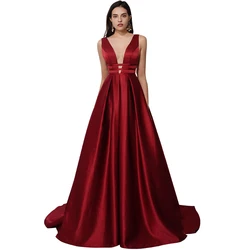 Сексуальное Красное Атласное Вечернее платье для выпускного вечера с V-образным вырезом и открытой спиной