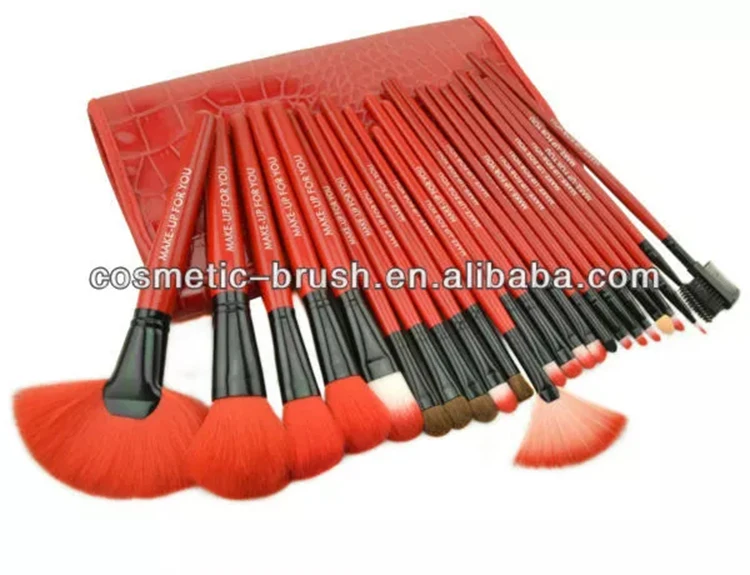 Red 24pcs Makeup Brush Set Professional Airbrush Makeup Kit/Kits with Red crocodile Pattern Leather Bag/Case