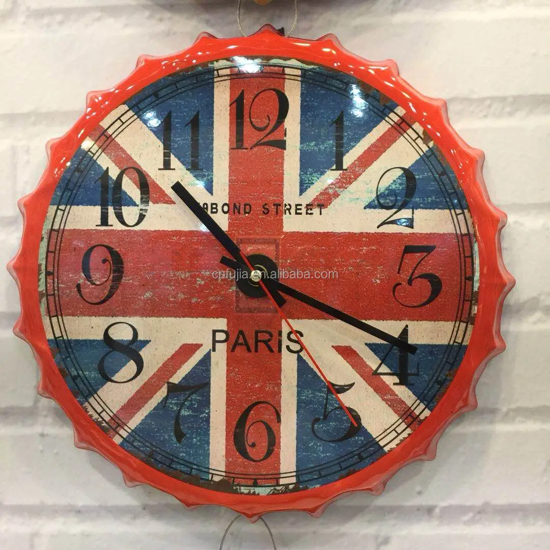 Custom 3d embossed vintage metal wall decor beer bottle cap shape tin sign clock