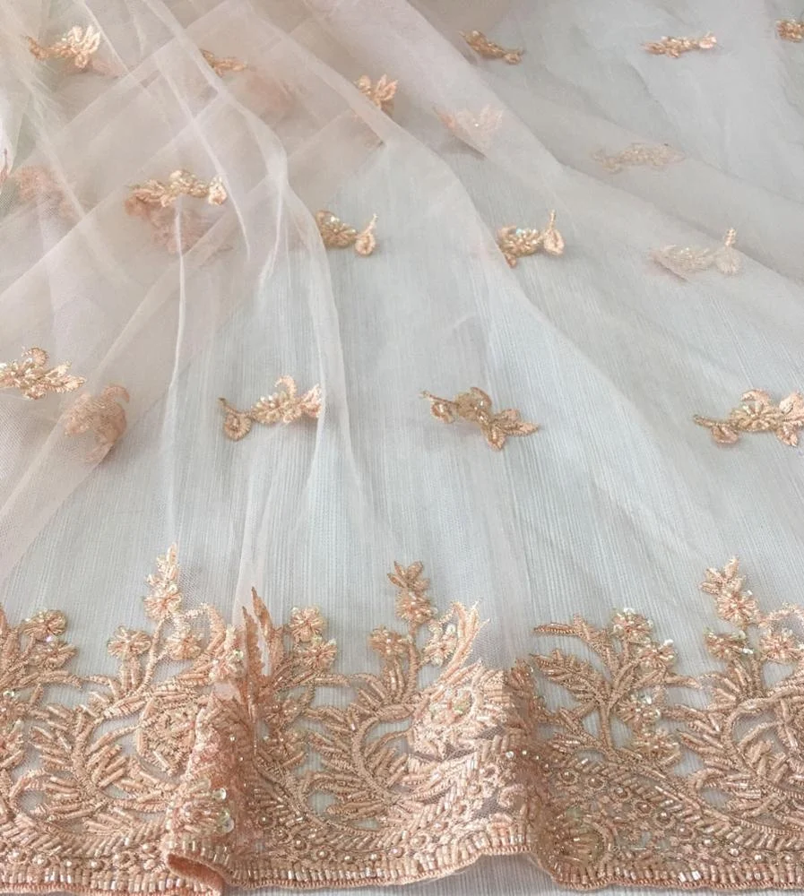 high quality peach embroidery sequin and beaded lace tulle fabric for women dress, simple designs heavy beaded fabric