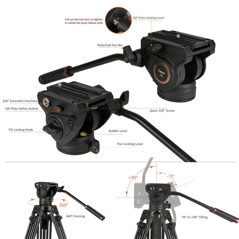 
Professional camera tripod Cayer BV30L aluminum tripod with K3 Fluid Head foldable tripod 