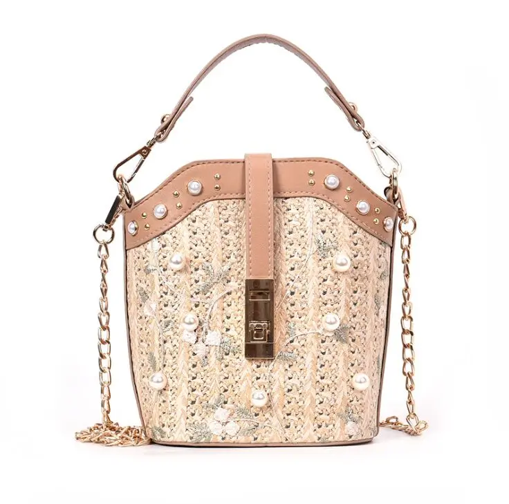 Pearl Lace Flower Handwoven Rattan Weave Summer Straw Clutch Shoulder Bags Women Handbags Beach Bag Tote Bag