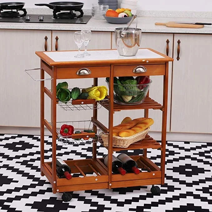 
Rolling Tile Top Wooden Kitchen Trolley Microwave Cart with 6 Bottle Wine Rack 