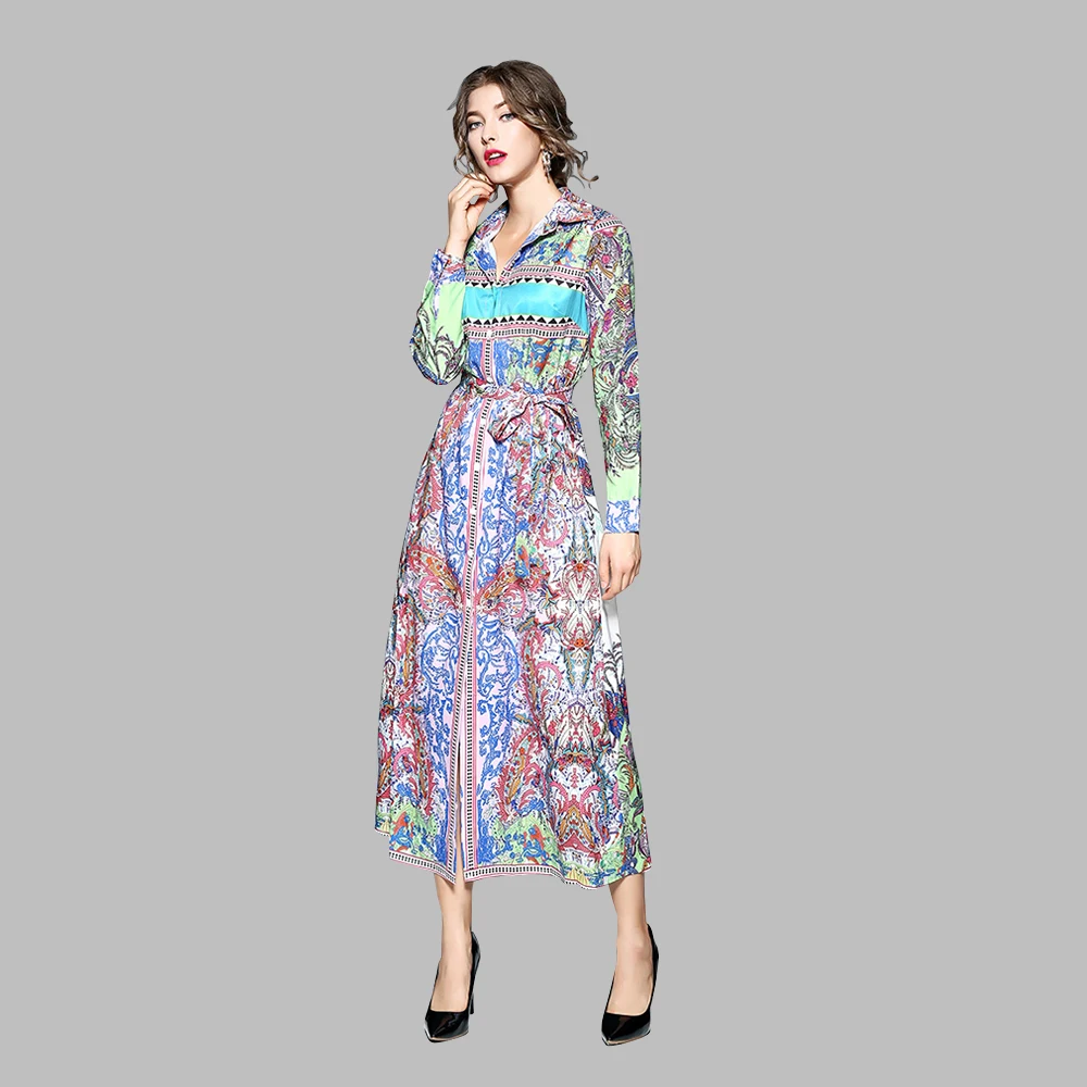 Latest fashion lapel printing ladies dresses for party