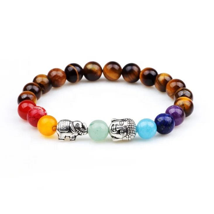 Ladies Fashion Alloy Buddha Elephant Charms Tiger Eye Beads 7 Colors Onyx Lucky Beads Chakra Bracelet