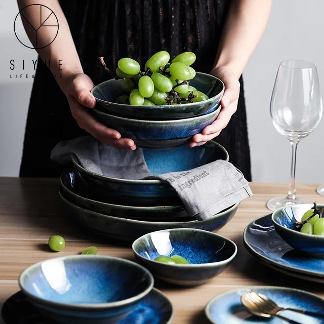 Переменная под глазурованным цветом синяя чаша наборы посуды керамическая фарфоровая обеденная 1171