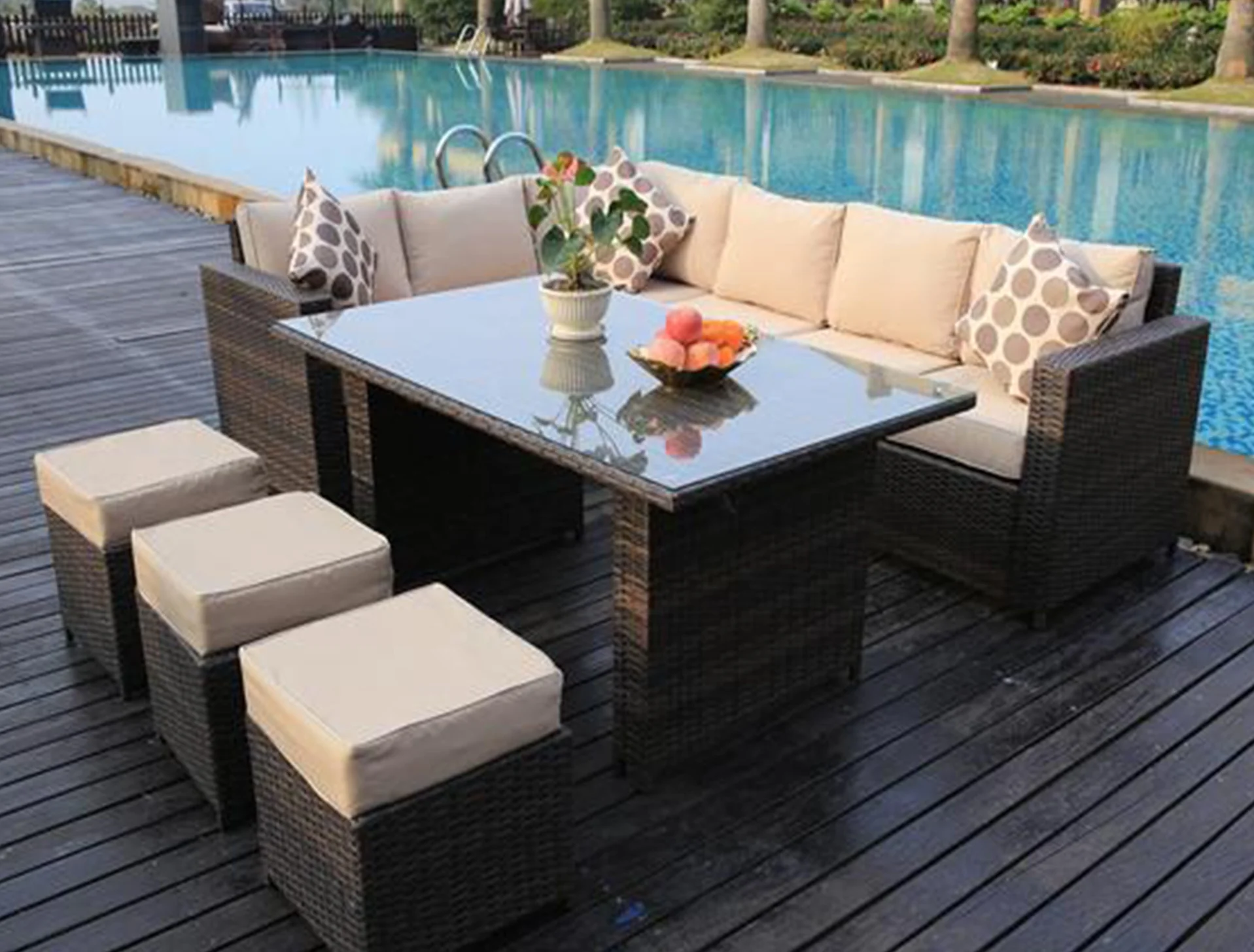 Rattan Outdoor Furniture Garden Set Corner Sofa with Rattan Dining Table