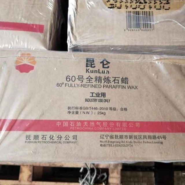 
Fushun KUNLUN brand 25kg carton fully refined paraffin wax 60 62 
