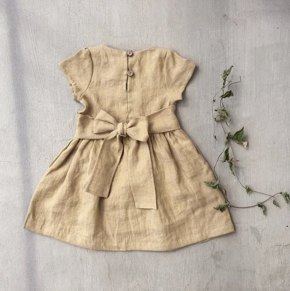 Hot Selling Ruffled Spring 100% Linen Girls Dress with belt