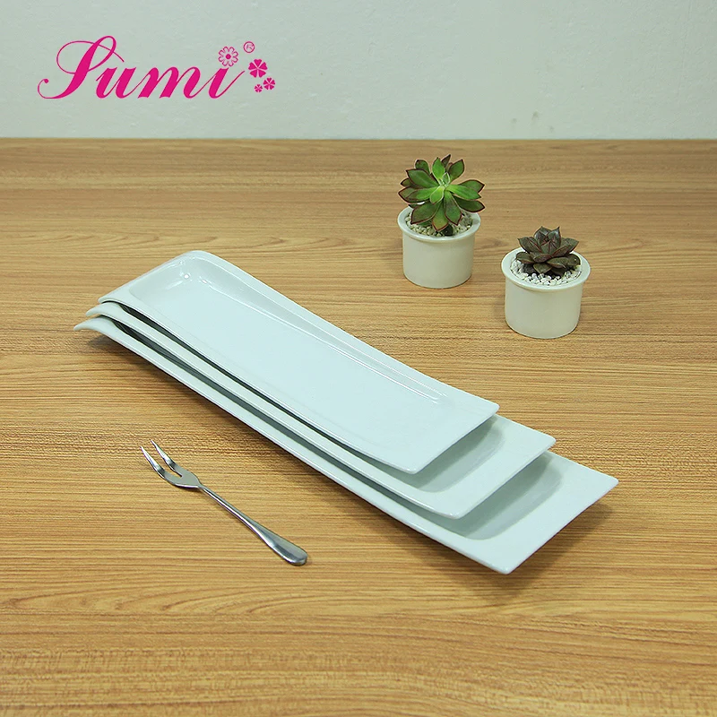 MOQ 200 High grade white ceramic long rectangular plate use for restaurant hotel