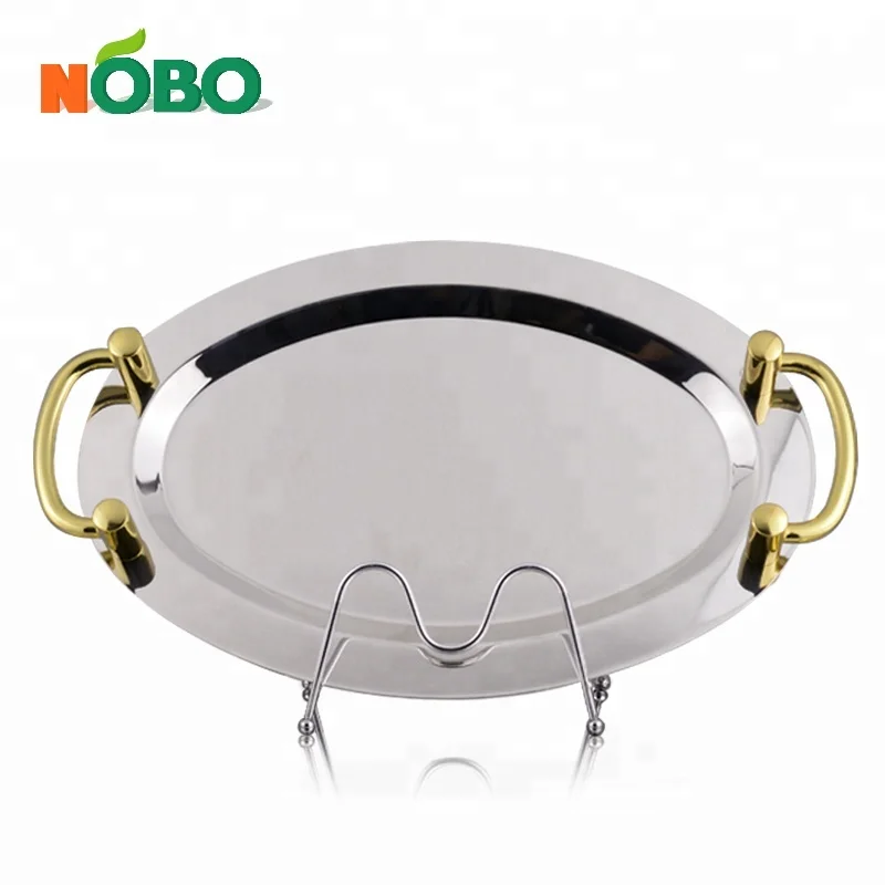 Restaurant Dinnerware Double Handle Serving Tray Mirror Plate with Shelf Stainless Steel Plate Dish Unbreakable Dinnerware Set