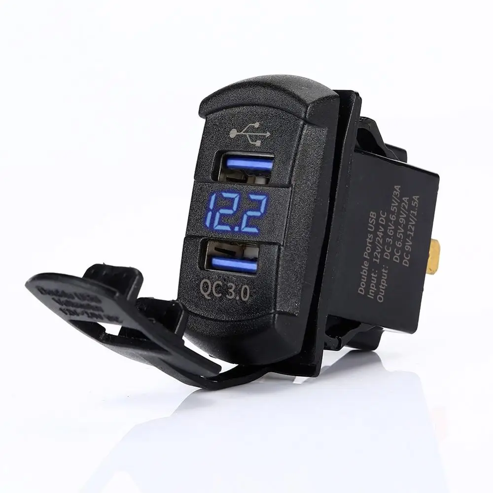 12V QC 3.0 Dual USB Rocker Switch Style Charger Blue Voltmeter for Boats CAR TRUCK MOTORCYCLE