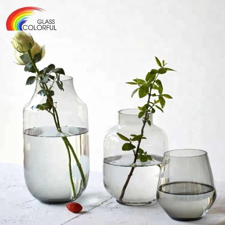 Mouth blown grey hand blown colored glass vase simple design for wedding home party decoration