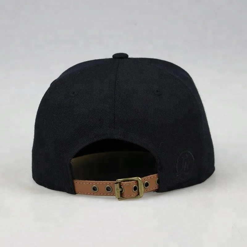 Custom Wool Strapback Black Black 7 Panel Hat Snapback Cap