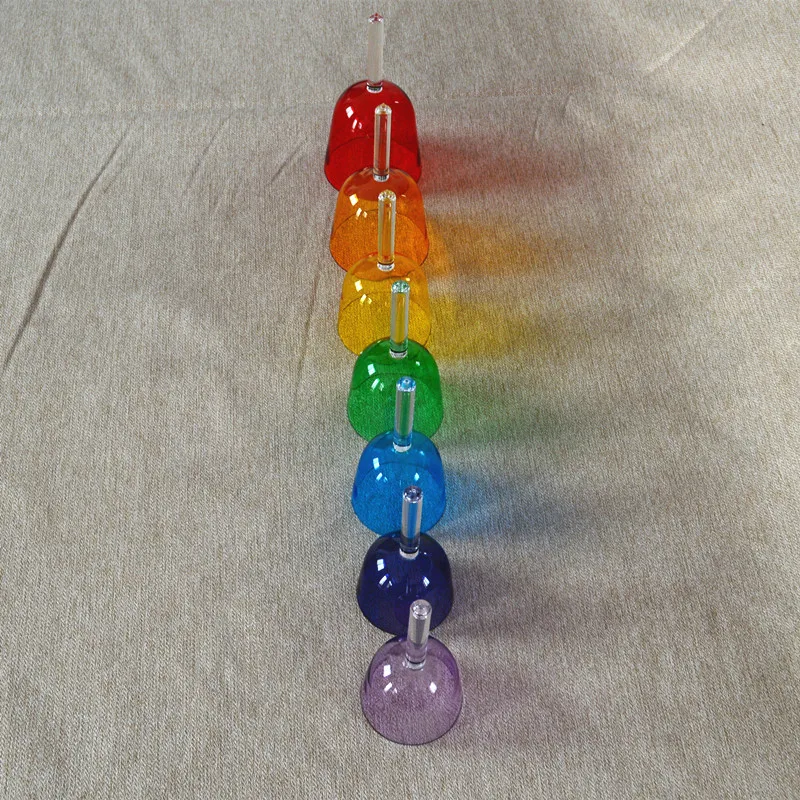 
HF Wholesale chakra tuned crystal singing bowl set sound healing Clear colorful hand held crystal singing bowl with handle 