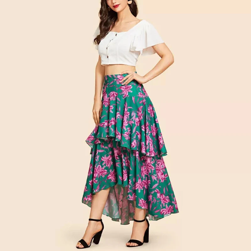Tiered Layer Floral Print Asymmetrical Satin Maxi Skirt Women High Low Hem Dancing Party Skirt