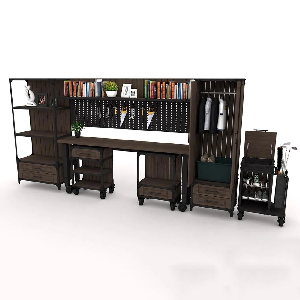Black garage garden tool storage solution Combo set living room antique metal steel wood furniture unit workshop furniture