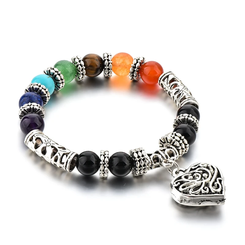 New products 2018 colorful natural stone lava bead 7 chakra bracelet heart pendant bracelet yoga nature bracelet