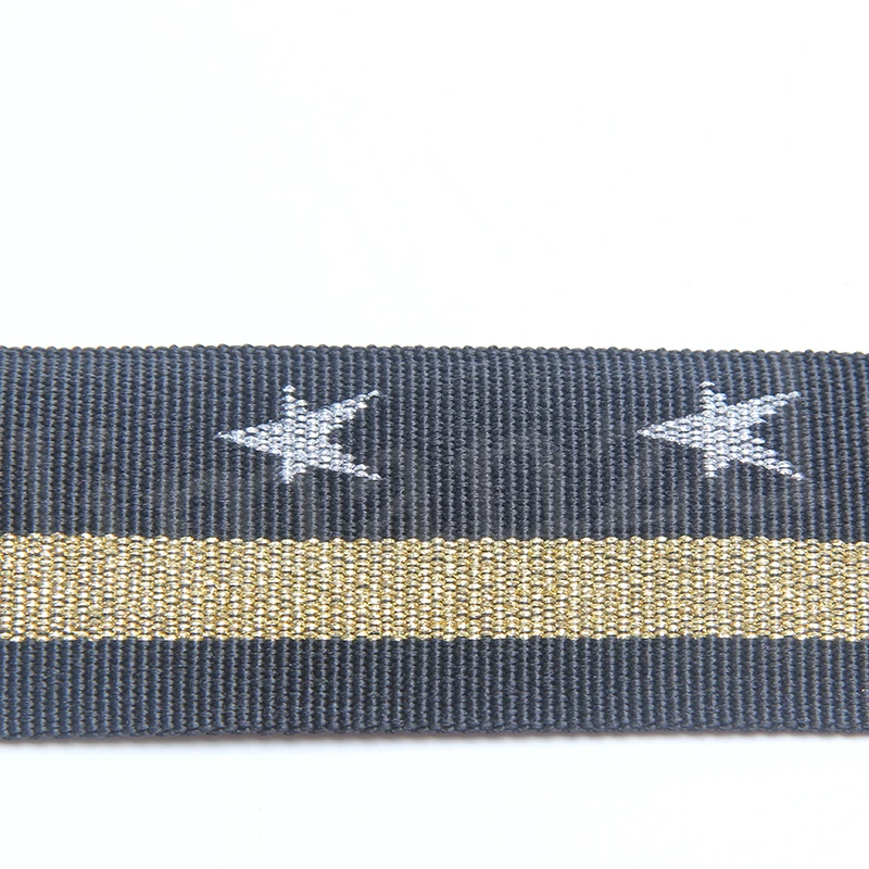 Черная жаккардовая тканая тесьма золотая линия многоцветная с 5 звездами Серебряный Логотип 2 дюйма
