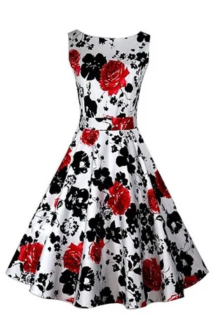 Hot sell Hepburn wind round sleeveless print belt dress retro foe elegant ladies B002