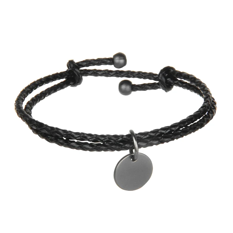 Fabulous Classic Double Strands Chinese Knot Genuine Leather Stainless Steel Disc Bracelet Blank