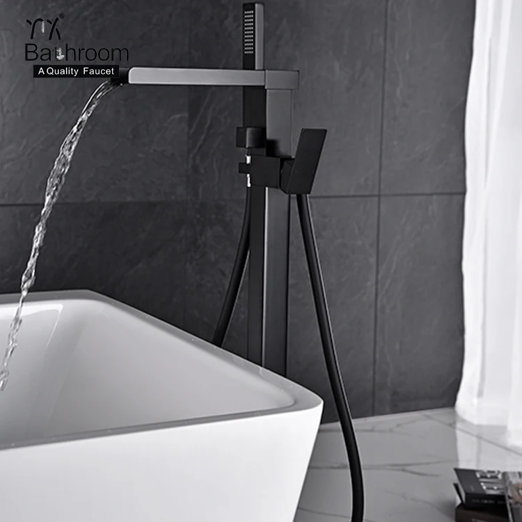 Stand alone style Contemporary  waterfall faucet matter black floor standing shower set