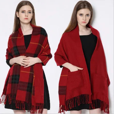 
Reversible Long Scarf Cashmere Feel Stole with Pocket Europe and America oversized thick pocket fringed cashmere plaid scarves 