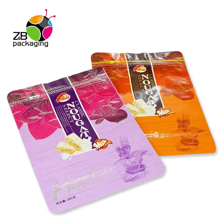 Custom design sweet candy nougat packaging bag custom printed heat seal plastic bag with zip lock