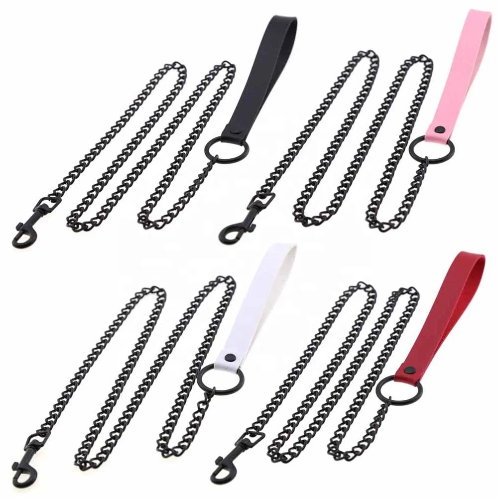 PU Leather Handle Pet Traction Rope Dark Black Metal Chain Traction Belt,Sex Toys For Couple