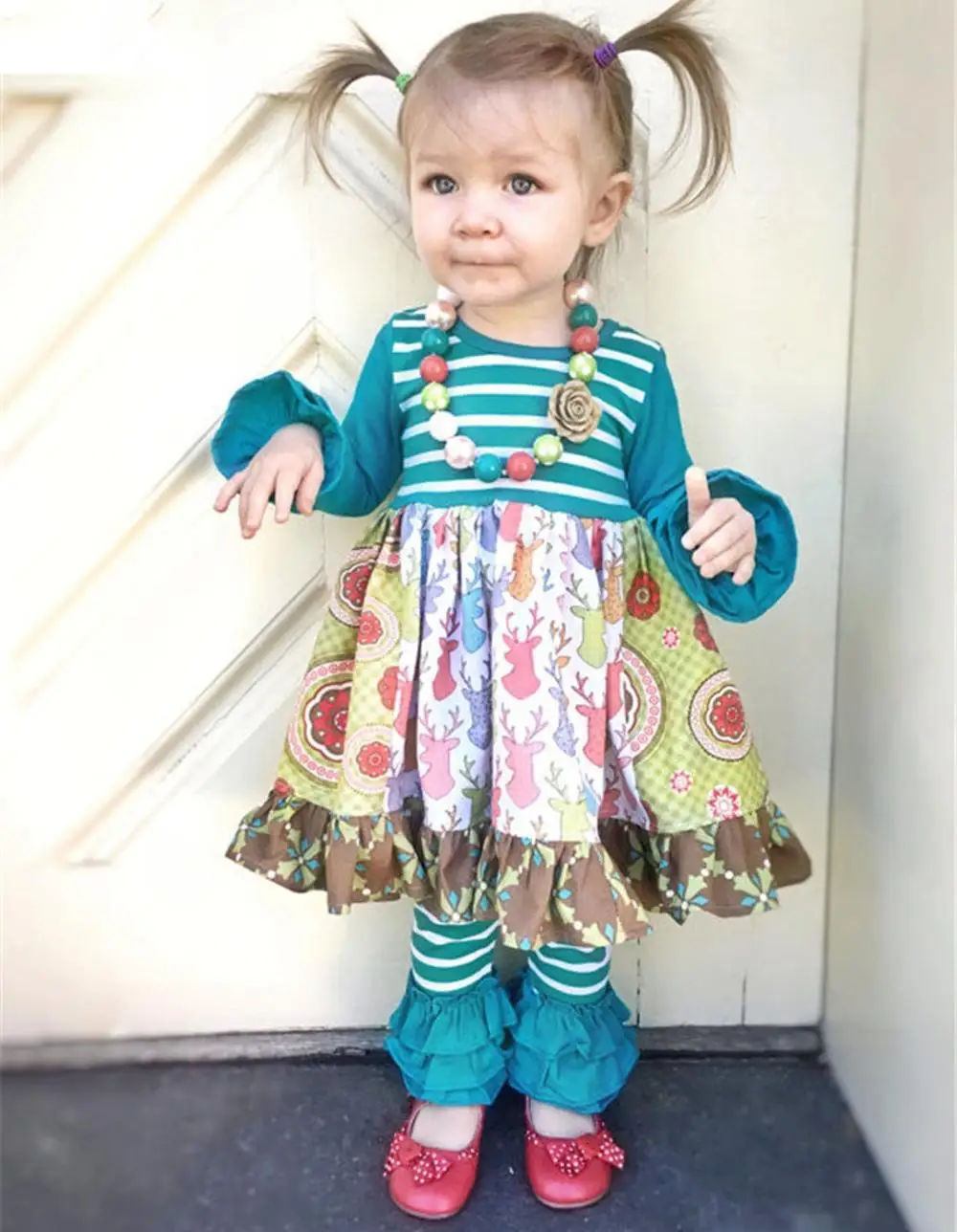 
High quality full kids clothes pink floral ruffle sets boutique girls outfit 