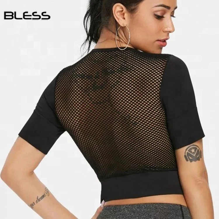 Women Black Fitness Sexy Seamless Gym T Shirt Outdoor Sports T Shirts With Mesh Back