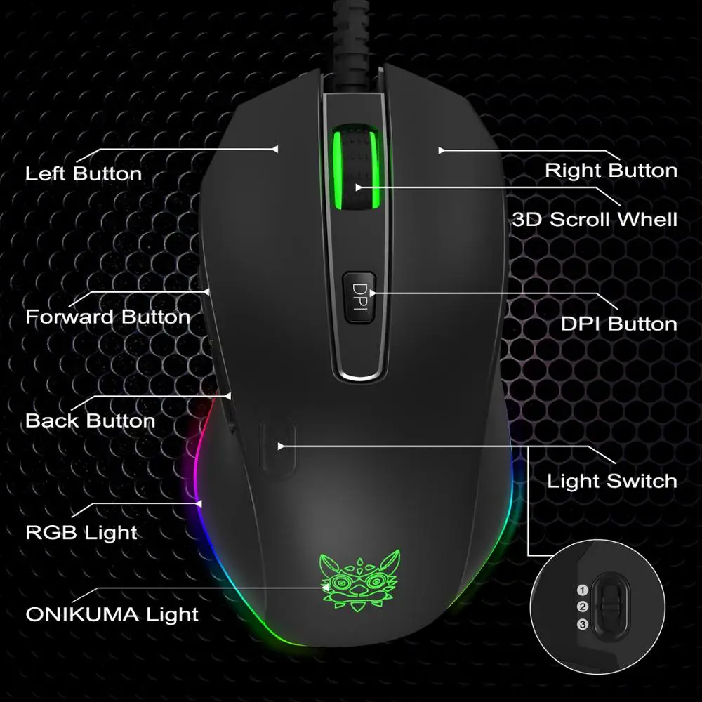 
ONIKUMA CW60 Pro Wired High Sensitivity Ergonomic Sweat-Resistant RGB Lighting Real 1000-6000 DPI Gaming Mouse 
